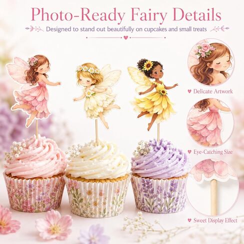 ALISSAR 36 Pack Fairy Cupcake Toppers, Pre-Assembled Double Sided Fairy Birthday Party Decorations for Girls, Fairy First Birthday Cake Decorations for Cupcakes, Dessert Table, Treats in Kuwait