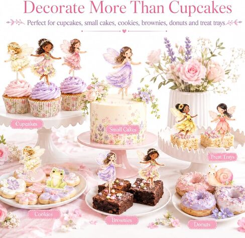ALISSAR 36 Pack Fairy Cupcake Toppers, Pre-Assembled Double Sided Fairy Birthday Party Decorations for Girls, Fairy First Birthday Cake Decorations for Cupcakes, Dessert Table, Treats in Kuwait