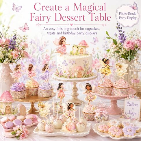 ALISSAR 36 Pack Fairy Cupcake Toppers, Pre-Assembled Double Sided Fairy Birthday Party Decorations for Girls, Fairy First Birthday Cake Decorations for Cupcakes, Dessert Table, Treats in Kuwait