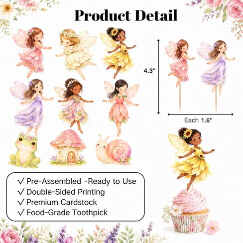 ALISSAR 36 Pack Fairy Cupcake Toppers, Pre-Assembled Double Sided Fairy Birthday Party Decorations for Girls, Fairy First Birthday Cake Decorations for Cupcakes, Dessert Table, Treats in Kuwait