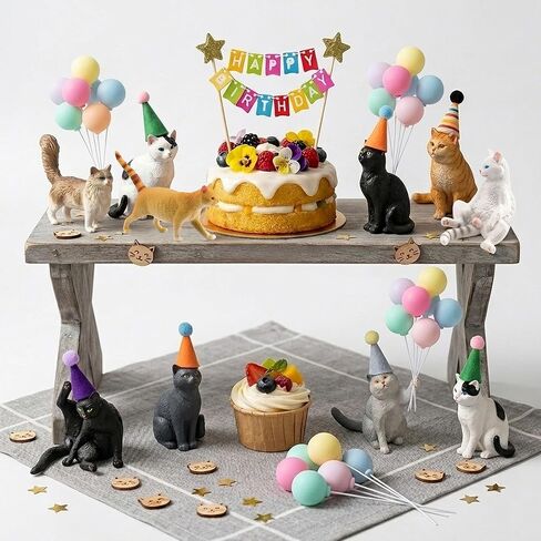 31PCS Realistic Cat Cake Toppers Set, 10 Hand-Painted Miniature Cat Figurines with Birthday Banner, Balloons, Party Hats, Perfect for Cat Themed Birthday Party, Baby Shower, Home Decor for Cat Lovers in Saudi Arabia