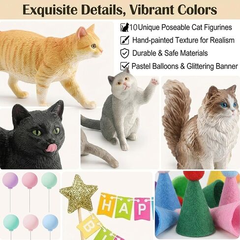 31PCS Realistic Cat Cake Toppers Set, 10 Hand-Painted Miniature Cat Figurines with Birthday Banner, Balloons, Party Hats, Perfect for Cat Themed Birthday Party, Baby Shower, Home Decor for Cat Lovers in Saudi Arabia