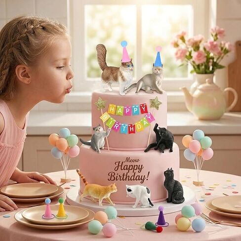 31PCS Realistic Cat Cake Toppers Set, 10 Hand-Painted Miniature Cat Figurines with Birthday Banner, Balloons, Party Hats, Perfect for Cat Themed Birthday Party, Baby Shower, Home Decor for Cat Lovers in Saudi Arabia