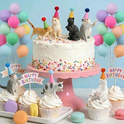 31PCS Realistic Cat Cake Toppers Set, 10 Hand-Painted Miniature Cat Figurines with Birthday Banner, Balloons, Party Hats, Perfect for Cat Themed Birthday Party, Baby Shower, Home Decor for Cat Lovers in Saudi Arabia