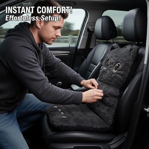 Plush Black Cat Car Seat Cushion and Backrest Combo - Comfy Universal Auto Interior Accessory for Driving Comfort in Kuwait