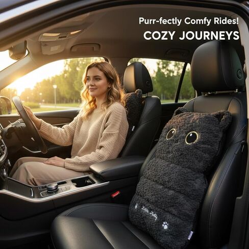 Plush Black Cat Car Seat Cushion and Backrest Combo - Comfy Universal Auto Interior Accessory for Driving Comfort in Kuwait