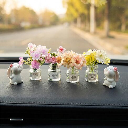 8PCS Cute Mini Bunny and Peach Blossom in Flower Vase, Car Dashboard Decorations Rearview Mirror Ornaments Funny Car Interior Accessories Gifts in Saudi Arabia