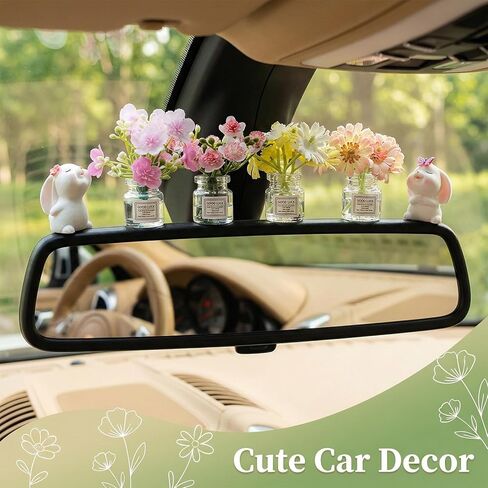 8PCS Cute Mini Bunny and Peach Blossom in Flower Vase, Car Dashboard Decorations Rearview Mirror Ornaments Funny Car Interior Accessories Gifts in Saudi Arabia