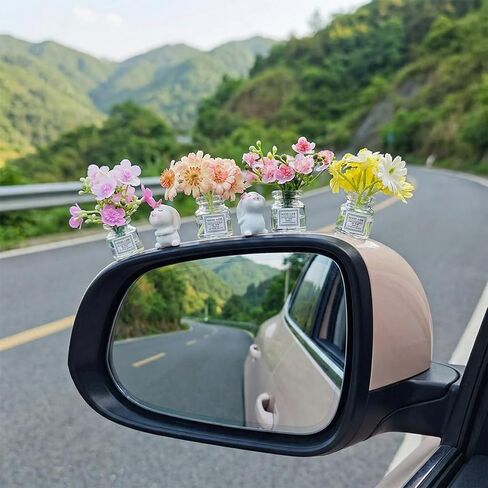 8PCS Cute Mini Bunny and Peach Blossom in Flower Vase, Car Dashboard Decorations Rearview Mirror Ornaments Funny Car Interior Accessories Gifts in Saudi Arabia