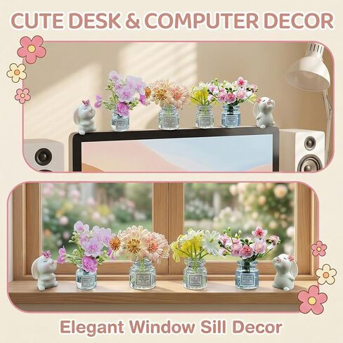 8PCS Cute Mini Bunny and Peach Blossom in Flower Vase, Car Dashboard Decorations Rearview Mirror Ornaments Funny Car Interior Accessories Gifts in Saudi Arabia