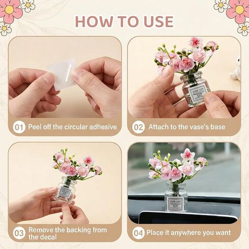 8PCS Cute Mini Bunny and Peach Blossom in Flower Vase, Car Dashboard Decorations Rearview Mirror Ornaments Funny Car Interior Accessories Gifts in Saudi Arabia