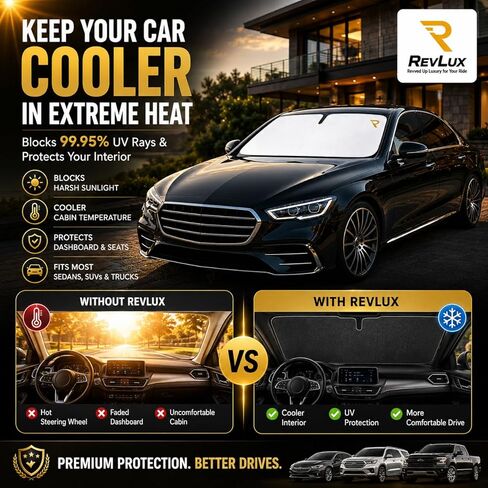 RevLux Car Windshield Sun Shade | Keeps Car Cooler in Extreme Heat, Blocks 99% UV Rays & Protects Dashboard from Cracking | ZeroLight Thermal Shield Tech | Foldable Sunshade for Sedan SUV Truck in Saudi Arabia