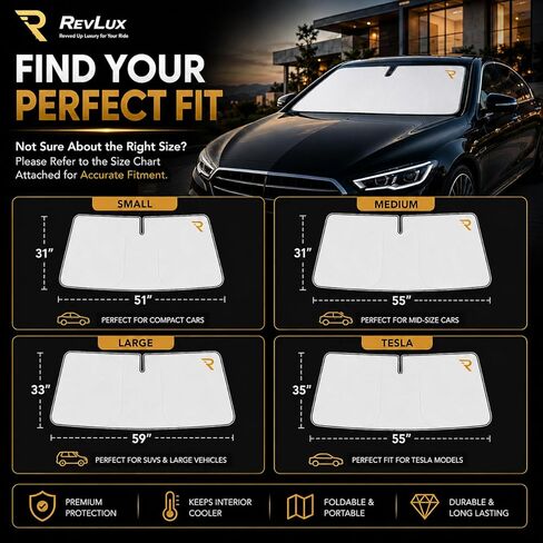 RevLux Car Windshield Sun Shade | Keeps Car Cooler in Extreme Heat, Blocks 99% UV Rays & Protects Dashboard from Cracking | ZeroLight Thermal Shield Tech | Foldable Sunshade for Sedan SUV Truck in Saudi Arabia