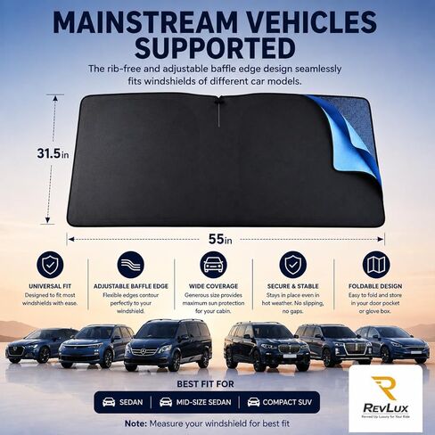 RevLux Car Windshield Sun Shade | Keeps Car Cooler in Extreme Heat, Blocks 99% UV Rays & Protects Dashboard from Cracking | ZeroLight Thermal Shield Tech | Foldable Sunshade for Sedan SUV Truck in Saudi Arabia