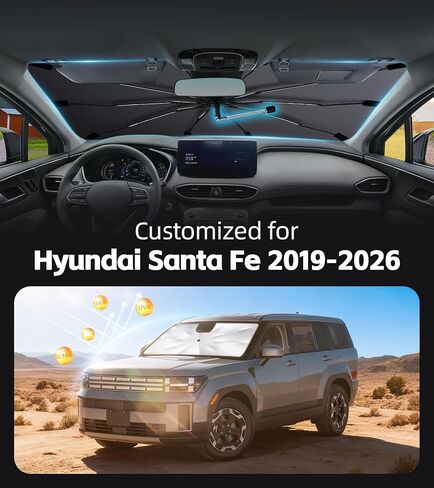 مظلة شمسية للزجاج الأمامي لسيارة Hyundai Santa Fe 2019-2026 مع عمود دوار 360 درجة، مظلة شمسية مناسبة حسب الطلب لحجب الأشعة فوق البنفسجية، حماية داخلية من الحرارة، سهولة التخزين in Kuwait