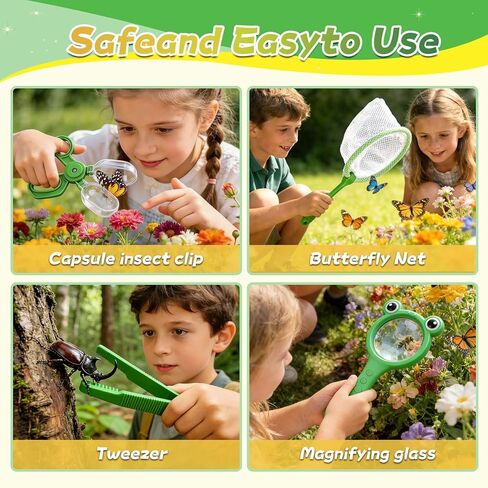 YongnKids Bug Catcher للأطفال، 28 قطعة من أدوات التقاط الحشرات مع شبكة فراشة مكبرة وملاقط زجاجية للحشرات، والحشرات وبطاقات التعرف على الحشرات، طقم المستكشف الخارجي للأطفال من سن 3 4 إلى 8 سنوات in Kuwait