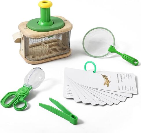 Wooden Bug Catcher for Kids, 360° Rotating Magnifier, Insect Explorer kit, with Bug Habitat, Butterfly Net, Bug Tongs, 10 Insect Cards, Montessori STEM Nature Toy for Outdoor in Saudi Arabia