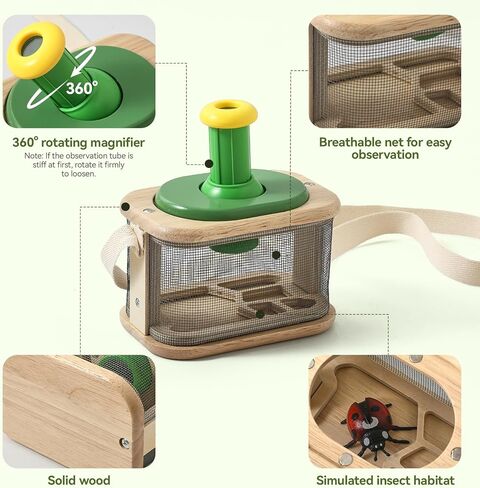 Wooden Bug Catcher for Kids, 360° Rotating Magnifier, Insect Explorer kit, with Bug Habitat, Butterfly Net, Bug Tongs, 10 Insect Cards, Montessori STEM Nature Toy for Outdoor in Saudi Arabia