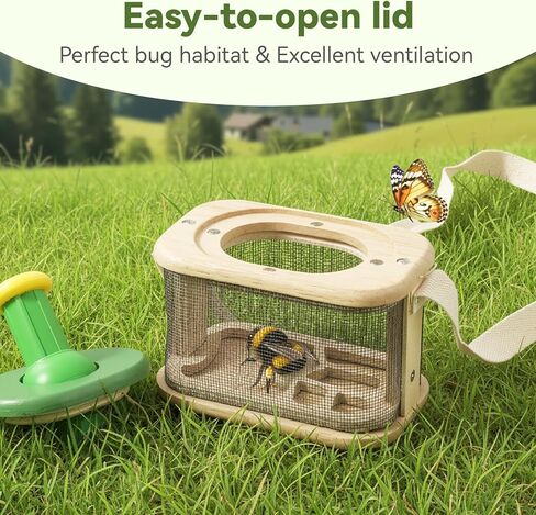 Wooden Bug Catcher for Kids, 360° Rotating Magnifier, Insect Explorer kit, with Bug Habitat, Butterfly Net, Bug Tongs, 10 Insect Cards, Montessori STEM Nature Toy for Outdoor in Saudi Arabia