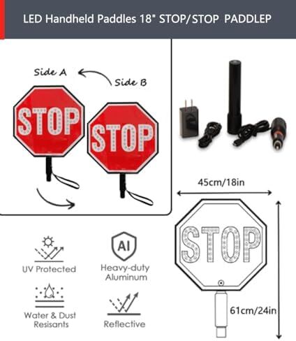 18" 2-Sided Handheld "STOP - STOP" Paddle Sign with Reflective Aluminum, Rechargeable LED Light, Ideal for Traffic Control, Safety Signage, Emergency Use in Saudi Arabia