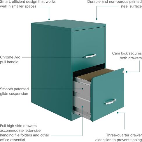 Hirsh Industries Space Solutions 18in 2 Drawer Metal File Cabinet Teal, Letter Size, Fully Assembled in Saudi Arabia