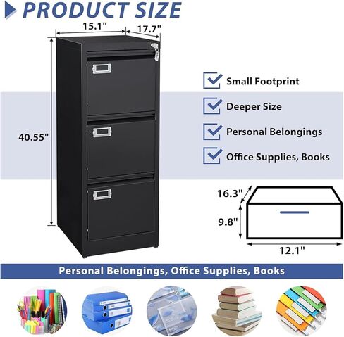 Black 3 Drawer File Cabinet,Metal Filing Cabinets with Lock,Office File Storage Cabinet for A4/Letter/Legal Size File(Assembly Required) in Saudi Arabia