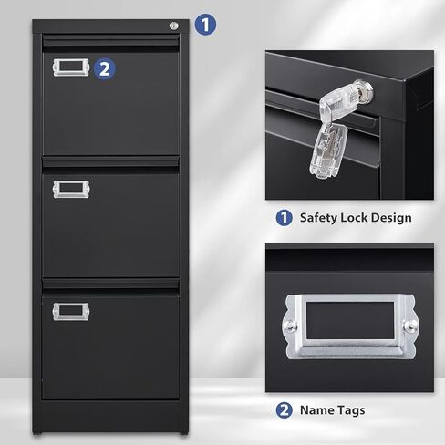 Black 3 Drawer File Cabinet,Metal Filing Cabinets with Lock,Office File Storage Cabinet for A4/Letter/Legal Size File(Assembly Required) in Saudi Arabia