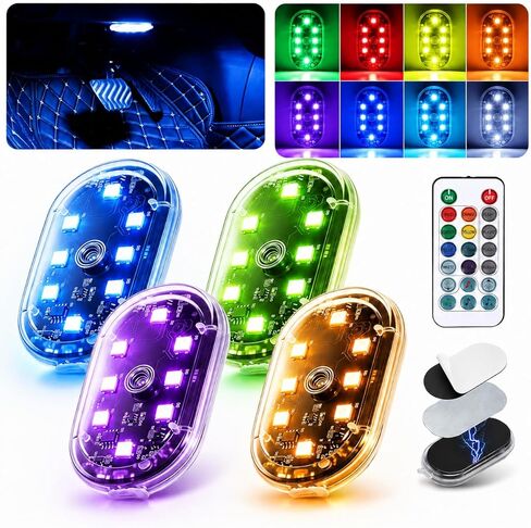 4Pcs Magnetic LED Interior Car Lights – 8 Colors RGB Wireless Ambient Lighting with Remote & Touch Control, USB Rechargeable Portable Strobe Nightlight for Footwell Door Dash Glove Box – Car Truck SUV in Saudi Arabia