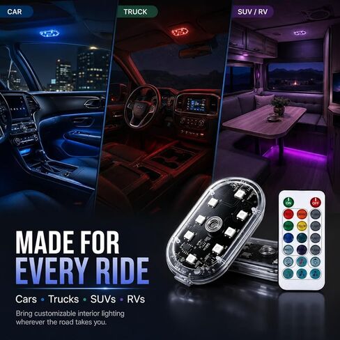 4Pcs Magnetic LED Interior Car Lights – 8 Colors RGB Wireless Ambient Lighting with Remote & Touch Control, USB Rechargeable Portable Strobe Nightlight for Footwell Door Dash Glove Box – Car Truck SUV in Saudi Arabia