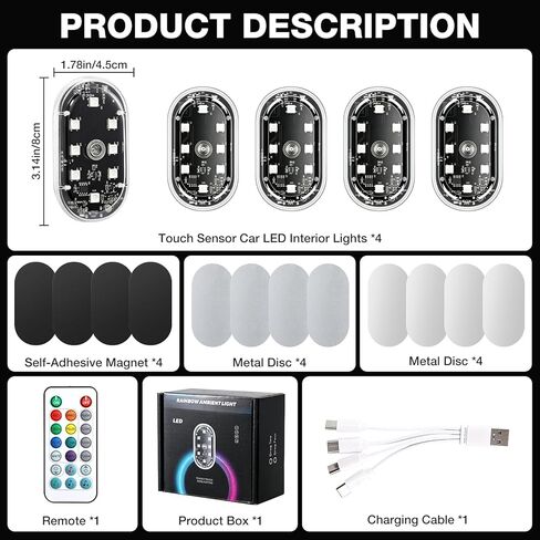 4Pcs Magnetic LED Interior Car Lights – 8 Colors RGB Wireless Ambient Lighting with Remote & Touch Control, USB Rechargeable Portable Strobe Nightlight for Footwell Door Dash Glove Box – Car Truck SUV in Saudi Arabia