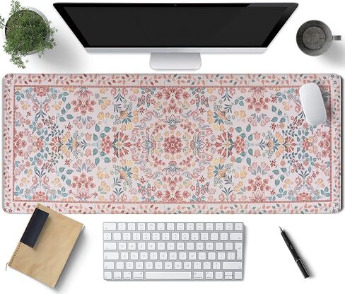 Pink Floral Patterns Desk Mat, Large Gaming Mouse Pad Non-Slip Rubber Base with Stitched Edges, Waterproof Protection for PC Laptop Home Office Desk Decor (31.5x15.7in) in Saudi Arabia