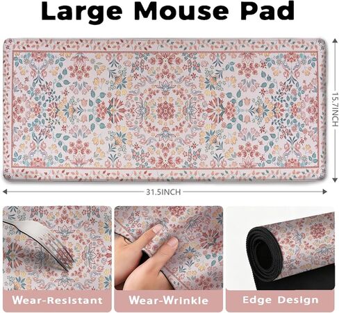 Pink Floral Patterns Desk Mat, Large Gaming Mouse Pad Non-Slip Rubber Base with Stitched Edges, Waterproof Protection for PC Laptop Home Office Desk Decor (31.5x15.7in) in Saudi Arabia
