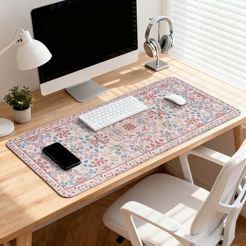 Pink Floral Patterns Desk Mat, Large Gaming Mouse Pad Non-Slip Rubber Base with Stitched Edges, Waterproof Protection for PC Laptop Home Office Desk Decor (31.5x15.7in) in Saudi Arabia