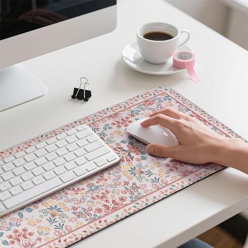 Pink Floral Patterns Desk Mat, Large Gaming Mouse Pad Non-Slip Rubber Base with Stitched Edges, Waterproof Protection for PC Laptop Home Office Desk Decor (31.5x15.7in) in Saudi Arabia