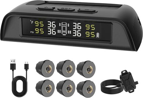 نظام مراقبة ضغط الإطارات RVMATE RV، مراقب ضغط الإطارات مع شحن بالطاقة الشمسية، TPMS مع 4 أجهزة استشعار و6 أوضاع إنذار، 0-87PSI، مثالي للمركبات الترفيهية والمقطورة والشاحنات وسيارات الدفع الرباعي in Kuwait