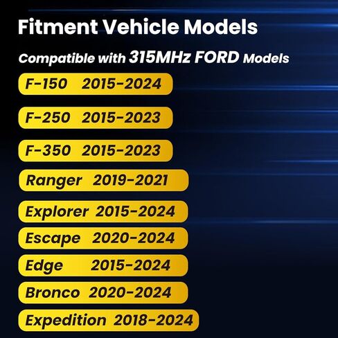 TPMS Ford 315Mhz مبرمج مسبقًا متوافق مع F150 2015-2024 | F250 2015-2023| F350 2015-2023| Escape 2020-2024/ مستشعر مراقبة ضغط الإطارات OE#F2GZ1A189A(مجموعة من 4) in Kuwait