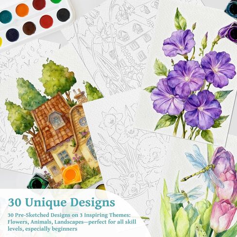 عبوة من كتاب تلوين بالألوان المائية للبالغين (9 * 6.5 بوصة)، تصميم مسطح محمول مع 30 تصميمًا فريدًا، ورق مضغوط على البارد 200 جرام في المتر المربع، كتاب ألوان مائية لتخفيف التوتر للمبتدئين والمبدعين in Kuwait