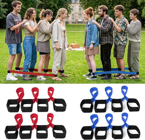 Team Building Games 4 Legged Race Bands for Kids and Adults Perfect for Carnival, Field Day, Relay Race, Family Backyard Party Supplies (2pk, Blue & Red) in Saudi Arabia