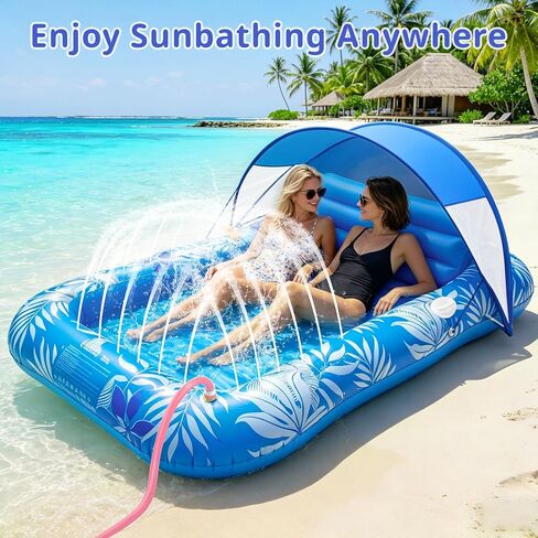 sunnino نفخ دباغة حمام السباحة تطفو مع الرش ومظلة الحماية من الأشعة فوق البنفسجية، 77 "× 48" حمام سباحة كبير جدا يطفو الكبار مع وسادة، حامل الكأس، سرير صالة حمامات الشمس لحمام السباحة الفناء الخلفي للشاطئ in Kuwait