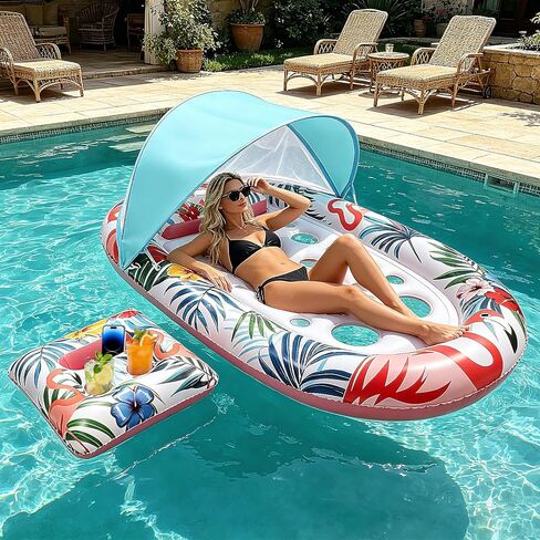 Pool Floats Adult with Canopy and Cup Holder - Inflatable Lounge Chair with UPF 50+ Sunshade, Heavy Duty Floating Water Hammock for Pool、Beach & Lake in Saudi Arabia
