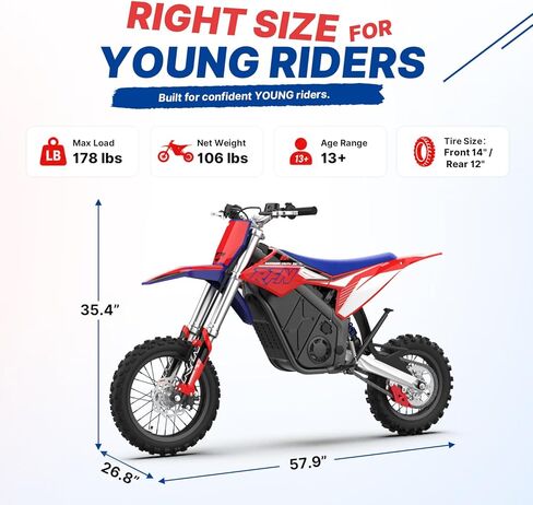 RFN Warrior Youth SX-E2 Electric Dirt Bike for Age 13+, 2000W Peak Motor,31 MPH Top Speed, 3-Speed Modes, 48V 20AH,26 Miles Range,14"/12" F/R Wheels, Dirt Bike with Dual Hydraulic Disc Brakes. in Saudi Arabia