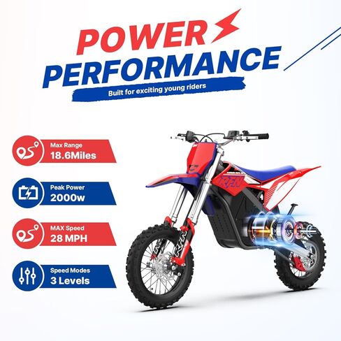 RFN Warrior Youth SX-E2 Electric Dirt Bike for Age 13+, 2000W Peak Motor,31 MPH Top Speed, 3-Speed Modes, 48V 20AH,26 Miles Range,14"/12" F/R Wheels, Dirt Bike with Dual Hydraulic Disc Brakes. in Saudi Arabia