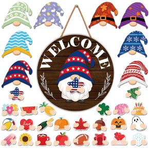 Interchangeable Welcome Sign for Front Door DIY Holiday Seasonal Gnome Wreath Wood Sign Decoration with Detachable Hats and Swappable Pieces Door Home Wall Decor (21 Pcs) in Kuwait