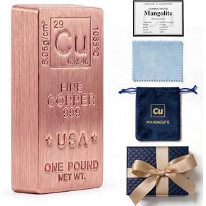 1 Lb Copper Bar .999 Pure Copper Bullion - Solid, Heavy & Beautiful Cu-Designed Ingot - Desk Display, Paperweight, 7th Anniversary Wedding Gift for Him/Her with COA, Gift Box, Pouch & Cloth in Saudi Arabia
