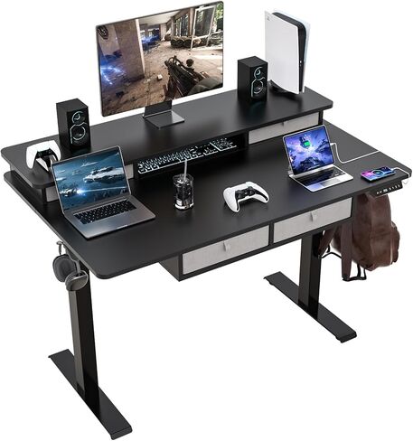 63 * 30 Inches Electric Standing Desk Adjustable Height with 4 Drawers, Double Storage Shelves Stand Up Desk, Home Office Workstation Sit Stand Desk (Classical Black) in Saudi Arabia