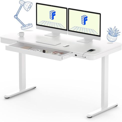 FLEXISPOT 55 "مكتب قائم كهربائي أبيض مع أدراج، مكتب منزلي سريع التجميع مع مساحة تخزين، شحن USB، مكتب كمبيوتر للمكتب المنزلي (سطح أبيض + إطار قابل للتعديل، Comhar) in Kuwait
