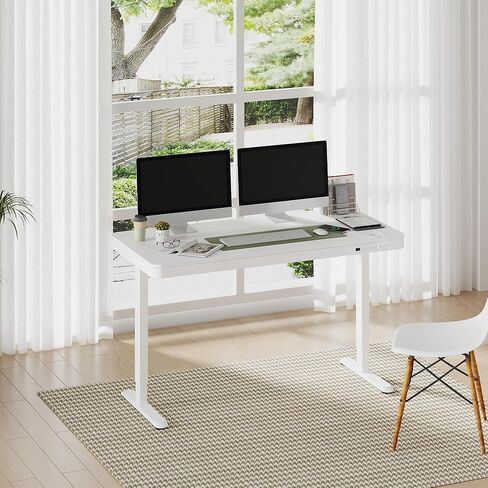 FLEXISPOT 55 "مكتب قائم كهربائي أبيض مع أدراج، مكتب منزلي سريع التجميع مع مساحة تخزين، شحن USB، مكتب كمبيوتر للمكتب المنزلي (سطح أبيض + إطار قابل للتعديل، Comhar) in Kuwait