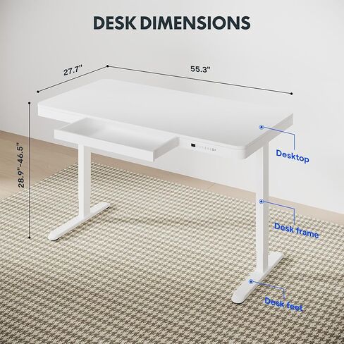 FLEXISPOT 55 "مكتب قائم كهربائي أبيض مع أدراج، مكتب منزلي سريع التجميع مع مساحة تخزين، شحن USB، مكتب كمبيوتر للمكتب المنزلي (سطح أبيض + إطار قابل للتعديل، Comhar) in Kuwait