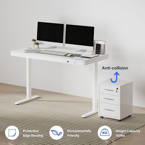 FLEXISPOT 55 "مكتب قائم كهربائي أبيض مع أدراج، مكتب منزلي سريع التجميع مع مساحة تخزين، شحن USB، مكتب كمبيوتر للمكتب المنزلي (سطح أبيض + إطار قابل للتعديل، Comhar) in Kuwait