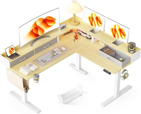 WALKINGDESK مكتب قائم على شكل حرف L بارتفاع 63 بوصة قابل للتعديل مع 3 أدراج ورف شاشة، مكتب كمبيوتر زاوية كهربائي، مكتب مكتب منزلي للجلوس والوقوف، مكتب ألعاب مريح، أسود in Kuwait